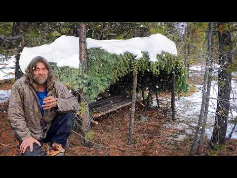 Winter Bushcraft Storm Shelter Build & Camp