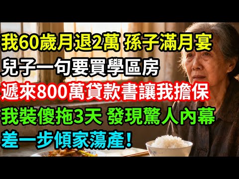 我60歲月退2萬，孫子滿月宴，兒子一句要買學區房，遞來800萬貸款書讓我擔保，我裝傻拖3天，發現驚人內幕，差一步傾家蕩產！