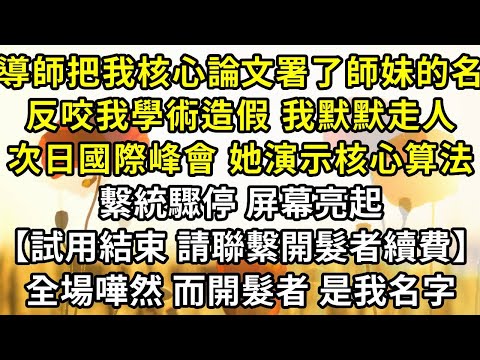 導師把我的核心論文署了師妹的名，反咬我學術造假，我默默走人，順手關掉實驗室後台隱藏程序。次日國際峰會，她演示核心算法時，繫統驟停，屏幕亮起【試用期結束，請聯繫開髮者續費】全場嘩然，而開髮者，是我的名字