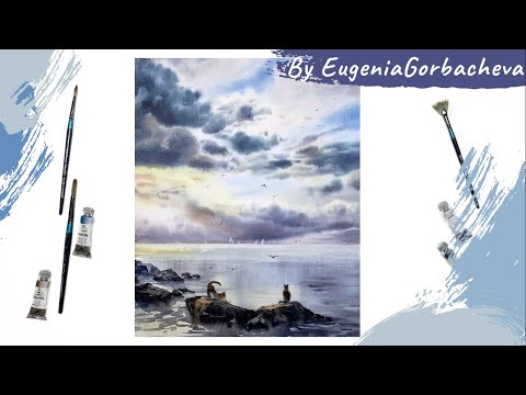 How to paint the sea, clouds and cats in watercolor | Painting lesson | Eugenia Gorbacheva
