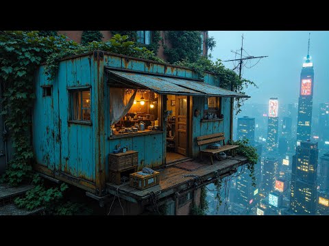 Lofi Rain in a Hidden Rooftop Cabin • Retro Escape from City Lights & Late Night Melancholy