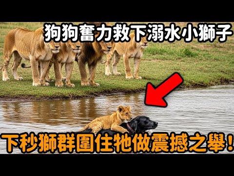 狗狗奮力救下在洪水中溺水的小獅崽，沒想到牠剛把小獅放回地面，整個獅群出現包圍小狗，接下來的畫面讓所有人都不敢相信！#獅子 #小獅崽 #狗狗 #動物救援 #真實故事 #動物故事 #心靈飼養員