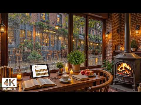 Calm Rain Evenings & Soft Jazz Instrumental Music ☕ Coffee Shop Ambience with Crackling Fireplace