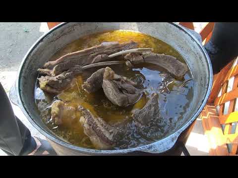 BESHBARMAK (INCORRECT) IN A CAULDRON OVER A FIRE. ANOTHER OPTION FOR COOKING BESHA