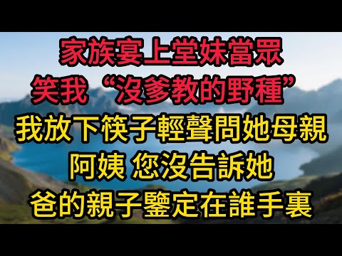 家族宴上堂妹當眾笑我“沒爹教的野種”，我放下筷子輕聲問她母親：阿姨，您沒告訴她，爸的親子鑒定在誰手裏