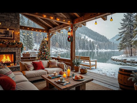 Christmas Ambience at Cozy Lakeside Porch 🎄 Jazz Music & Crackling Fireplace for Winter Relax