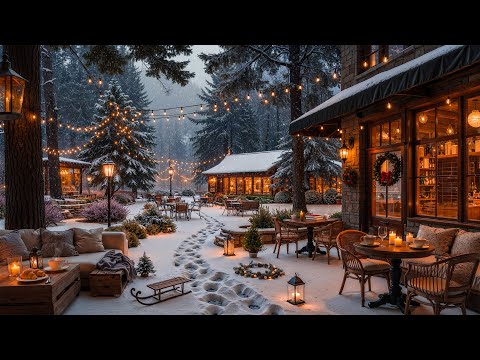 Fireplace Winter Jazz Music ❄️ Cozy Porch Coffee Shop Ambience with Gentle Snowfall