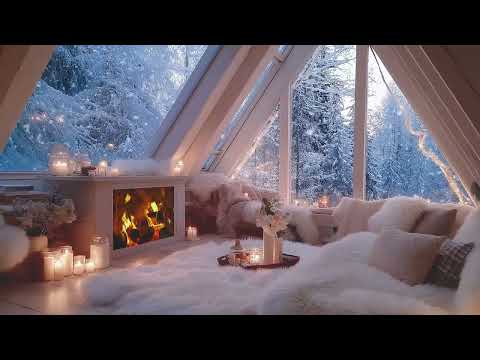 🤍❄️ Cozy Winter Piano Lounge | White Room Fireplace Glow & Falling Snow for Deep Sleep Focus