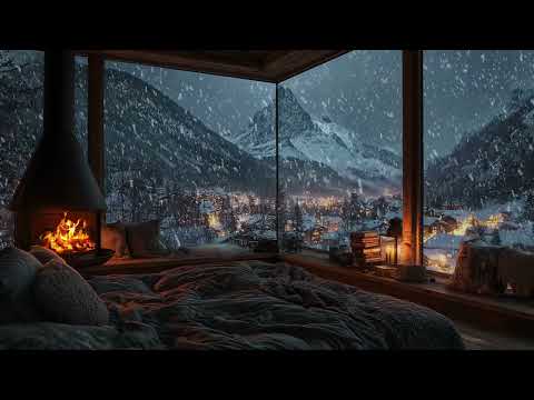 Serene Cabin Ambience | Crackling Fireplace and Night Snowfall for Calm, Comfort & Deep Sleep 😴