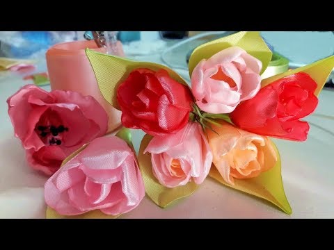 TULIPS from satin ribbons for a bouquet. Delicate flowers DIY.