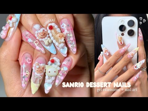 do sanrio cake nails w me 🎂🩵 nail tutorial, gel nail extensions, handmade charms 💭