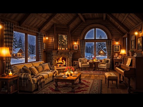 Relaxing in Cozy Winter Cabin ❄️ Smooth Jazz Music, Fireplace Sounds & Snowy Forest Night