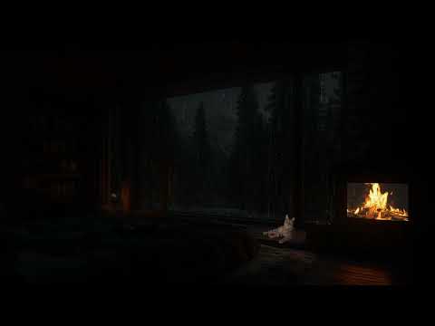 No Ads🔥Fireplace Crackling &Rain Sounds in a Cozy Forest Room at Night |Calm Ambience for Deep Sleep