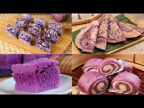 【4款用紫薯做的素糕點】面粉煎糕/雙色饅頭卷/白糖糕 /椰絲糕  | 4 Purple Sweet Potato Cake Recipes |