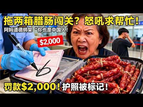 旧金山机场华人大妈拖两箱腊肠闯海关，怒吼"你也是中国人怎么不帮忙"！结果罚款$2,000+护照标记+儿子公司被同事议论！