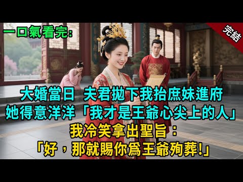 完結古言爽文：大婚當日，夫君拋下我抬庶妹進府。她得意洋洋：我才是王爺心尖上的人！我冷笑拿出聖旨：好，那就賜你爲王爺殉葬！#小説 #古風 #原創 #爽文 #大女主 #逆襲 #打臉 #綠茶 #追妻火葬场