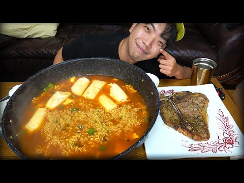 조룡갑의 순두부 열라면 5봉지,티본스테이크 먹방!!