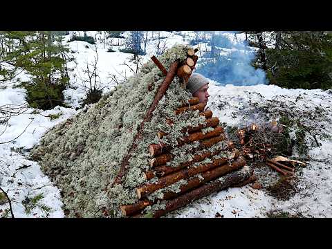 3 Days WINTER Bushcraft - Building A Survival Shelter