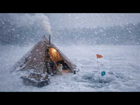 Fishing in a blizzard: winter camping on a lake in a heated tent