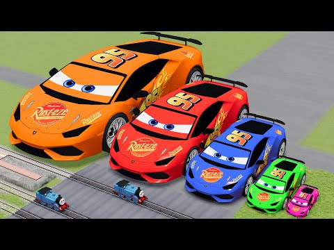 Big & Small Colors Lamborghini Lightning McQueen VS Train Thomas | BeamNG.drive