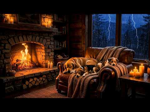 Perfect Storm for Sleep & Study ⛈️ Cozy Cabin Fireplace & Fluffy Dogs 🔥