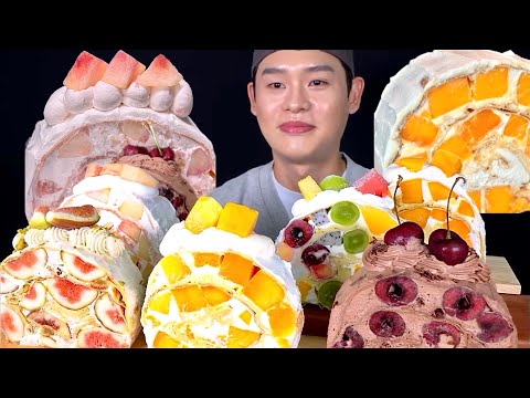 ASMR 생크림폭탄 크레이프 케이크 애플망고 복숭아 크런치초코 후루츠 피스타치오 무화과 먹방~!! Fresh cream bomb crepe cake MuKBang~!!