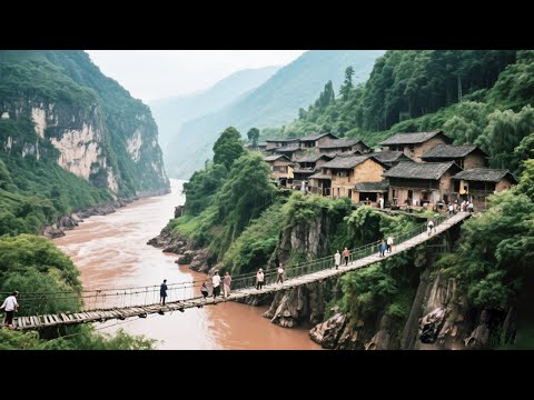At the Guizhou-Sichuan border, a village lies between deep ravines and steep cliffs.