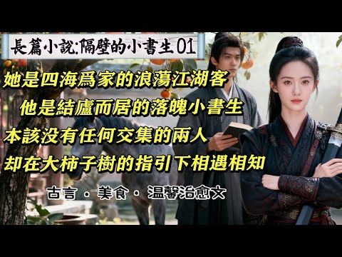 1長篇小說《隔壁的小書生》01 江湖女俠白星和窮書生孟陽，兩人在桃花鎮成為鄰居，因一棵柿子樹結緣。白星負責打獵獲取食材，孟陽擅長烹飪制作美食。兩人從窩在小鎮一起吃吃喝喝，到一起遊歷江湖吃吃喝喝...