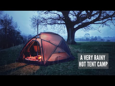Solo Camping in the Rain with a Huge Hot Tent | Wood Stove Cooking