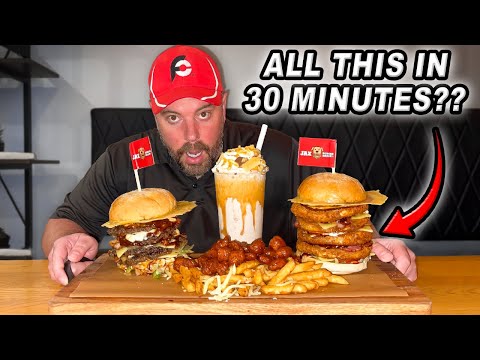 Jax's Quadruple Beef and Chicken Burgers Challenge w/ Popcorn Chicken Loaded Fries and Milkshake!!