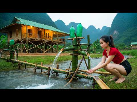 Off Grid Bamboo House Shines at Night | Asian Girl Builds Self-Made Bamboo Hydropower by the Stream