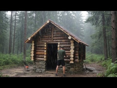 Construction of an Amazing House from Logs in the Rain. Start to Finish