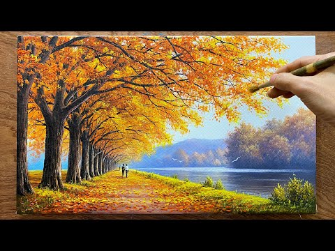 How to draw rows of yellow-leaved trees on the shore of a lake / Acrylic painting / A Lu Art.