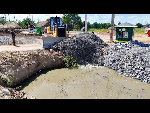 Take Look New Action Landfill Mission! Truck dumping Rock Across the Canal and Bulldozer Push Rock