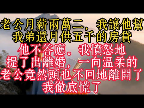 老公月薪兩萬二，我請他幫我弟還月供五千的房貸他不答應。我憤怒地提了出離婚，一向溫柔的老公竟然頭也不回地離開了，我徹底慌了