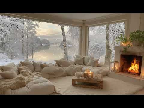 Warm Winter Cabin by the Lake ❄️ Soft Piano Music & Crackling Fireplace Sounds for Sleep & Focus