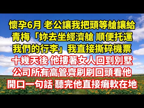 【完結】懷孕6月 老公讓我把頭等艙讓給青梅「妳去坐經濟艙 順便托運我們的行李」我直接撕碎機票十幾天後 他摟著女人回到別墅，公司所有高管齊刷刷回頭看他，開口一句話 聽完他直接癱軟在地｜伊人故事屋