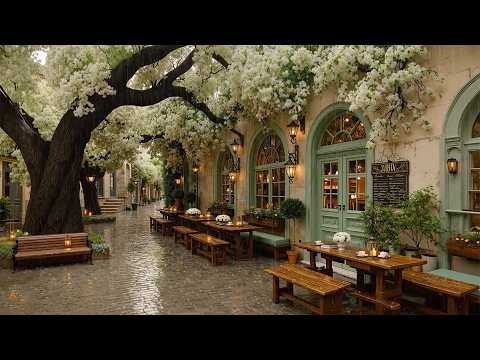Tranquil Café Street in Spring Rain 🌸 Gentle & Warm Jazz with Rain Sounds for Deep Work & Relaxation