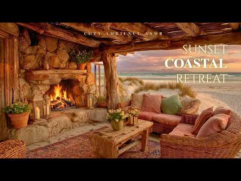 Sunset Coastal Retreat ✨ Fireplace Sounds and Ocean Waves for Deep Calm