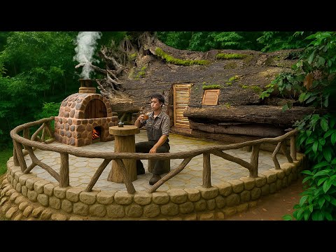 I building  a Complete Bushcraft Survival House on a Giant Fallen Tree Trunk ( Part 2 )