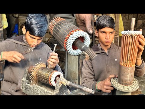 Skillful Young Guy Rewinding Process Of Caterpillar Starter Motor-Rebuilding Starter Motor Armature