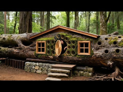 Build a House Under an Old Tree  Make Your Own Complete and Warm Home  Hunt and Cook over a Fire