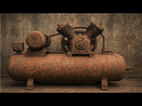 Complete Restoration of a Large Twin -Tank Diesel -Powered Air Compressor Damaged by Rust and Age