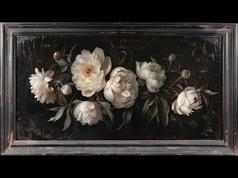 Vintage White Peonies Painting | Black Frame TV Art | TV wallpaper Art | TV Screensaver Art | 2Hrs