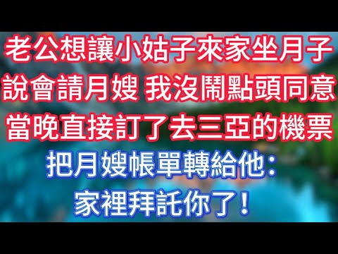 老公想讓小姑子來家坐月子，說會請月嫂，我沒鬧點頭同意，當晚直接訂了去三亞的機票，把月嫂帳單轉給他：家裡拜託你了！ #傾聽故事會 #情感故事 #老人频道 #老年健康 #為人處世 #老年生活