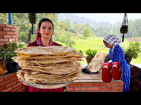 Daily village life in iran; baking lavash bread and making jam