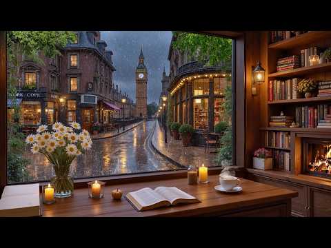 Rainy London Café ☕ Cozy Coffee Shop with Fireplace & Gentle Jazz Piano for Study & Relax