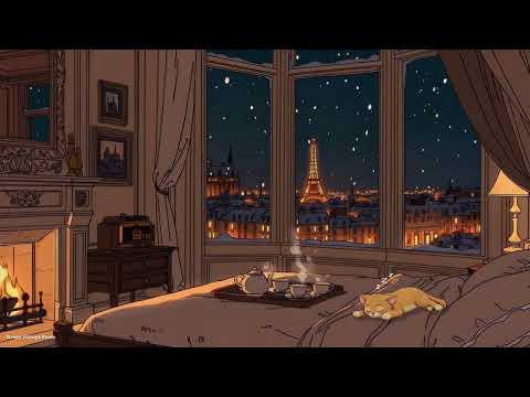 Cozy Vintage Paris Night Ambience | Fireplace, Snowy Window & Sleeping Cat | 1940’s Vintage Jazz