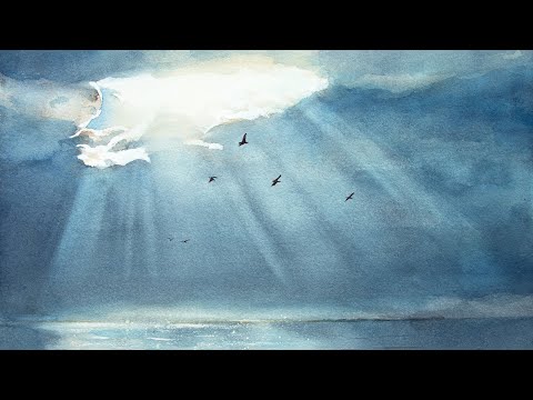 Watercolor painting of birds and sun rays above the sea