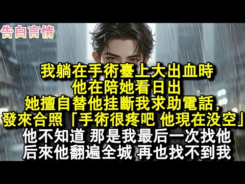 我躺在手術臺上大出血時，他在陪她看日出。她擅自替他掛斷我求助電話，發來合照：「手術很疼吧？但他現在沒時間，」他不知道，那是我最後一次找他。後來他翻遍全城，再也找不到我。#小說 #愛情 #故事